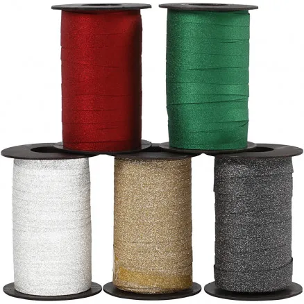 Gavebånd, ass. farver, B: 10 mm, glitter, 100 m/ 5 pk.